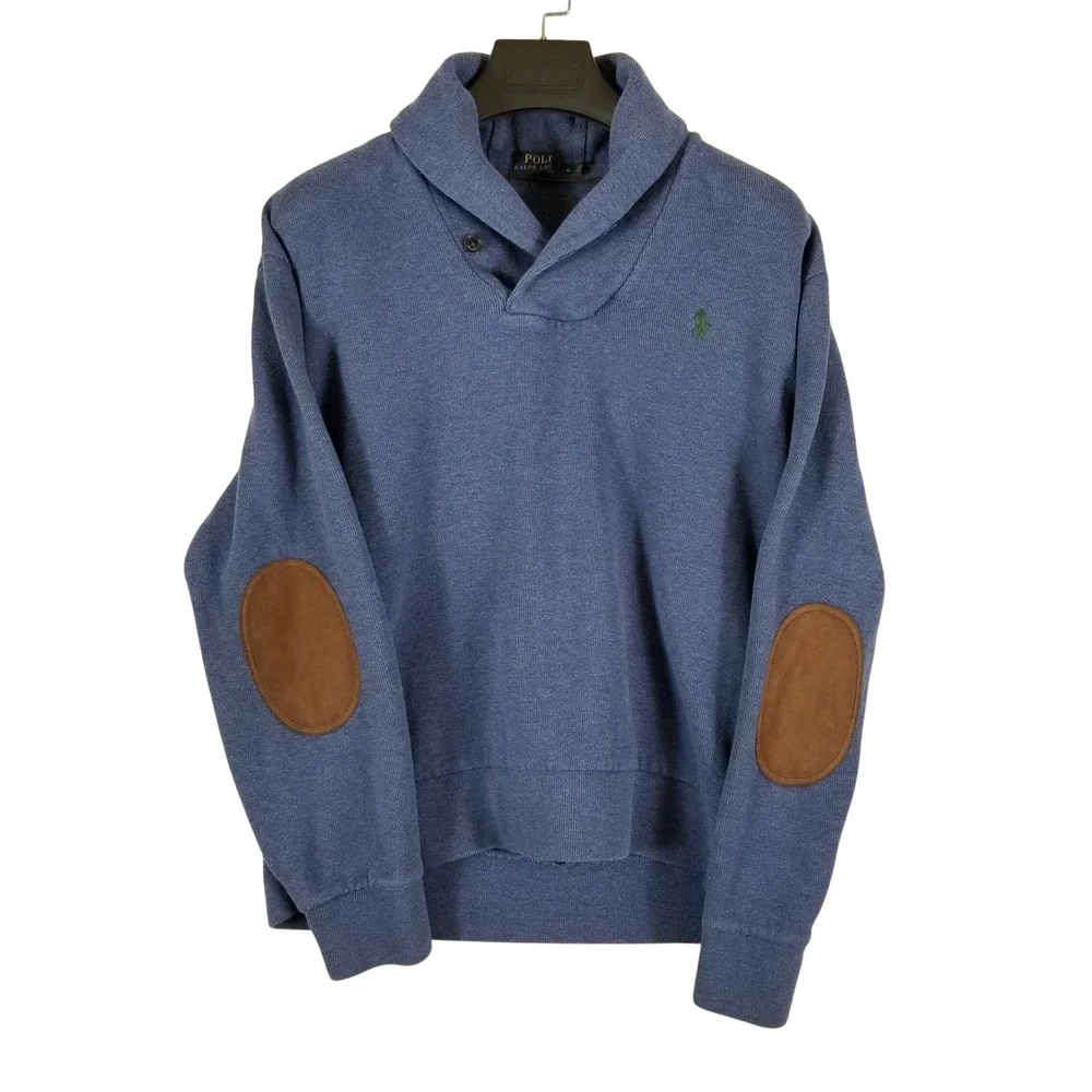 Polo Ralph‎ Lauren Sweater Mens Large Blue Shawl Collar Elbow Patches Cotton